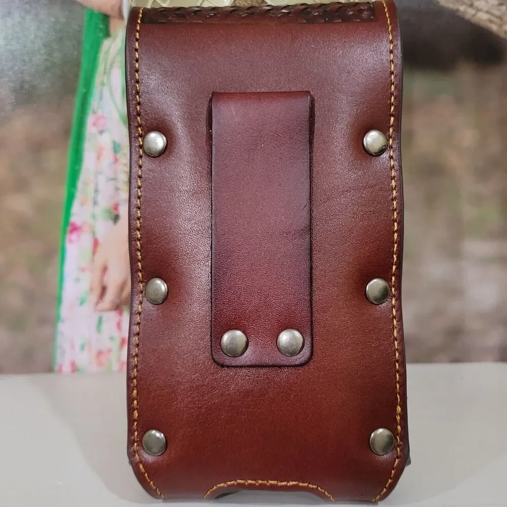 Horse Cowboy Belt Loop Phone Holster Brown Sz LARGE Genuine Leather Bask…
